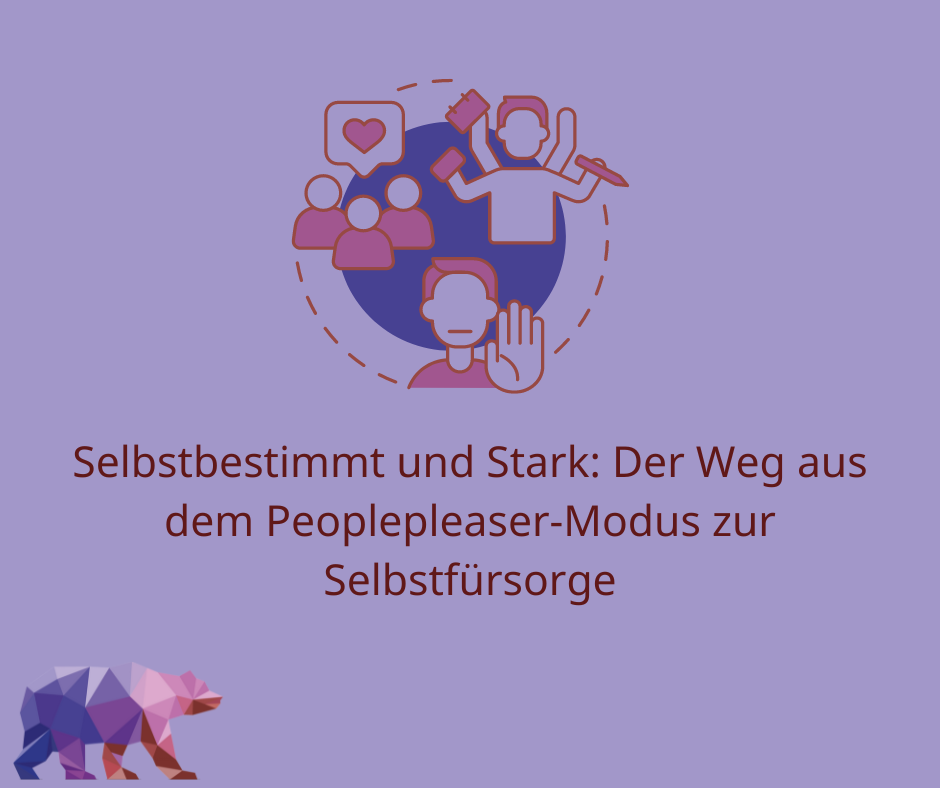 Der Weg aus dem Peoplepleaser- Modus zur Selbstfürsorge, lila bild mit emojis
